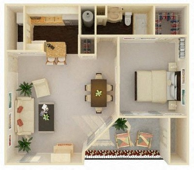 Floor plan for 1 bed, 1 bath, 753 sqft